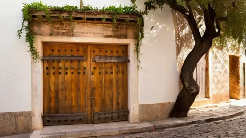 Un pintoresco porche de una charcutería con una fuente clásica y un cielo azul vago en la distancia