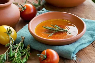 Una imagen de una tradicional comida aracentina se muestra en un mesa de madera con ingredientes frescos en la iluminación suave del sol