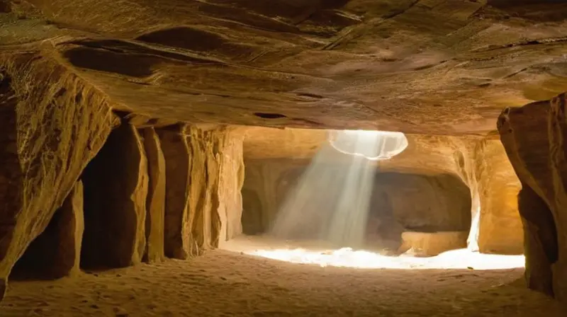 Una caverna antigua con paredes de piedra rugosa y rocosa, iluminada débilmente por la luz del sol filtrada desde lo alto, con un ambiente íntimo y mudo