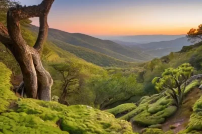 Un bosque antiguo con árboles de encina y rocas cubiertas de musgo se encuentran frente al paisaje dorado del atardecer
