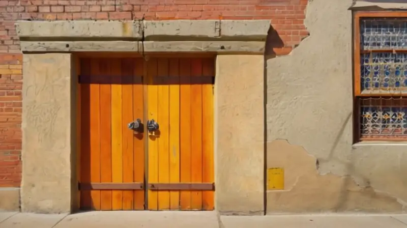 Una gran puerta de madera con un doble hacha y un pomo de metal está ligeramente entreabierta, liberando una luz cálida detrás de ella