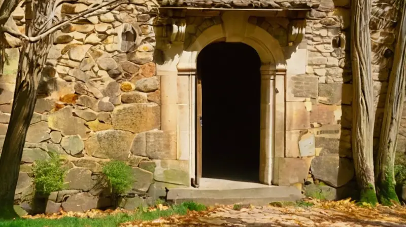 Un antiguo portal con características decrépitas y detalle en su estructura de piedra y madera