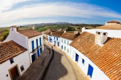 Un día soleado ilumina el casco histórico de Aracena con sus calles empedradas y edificios de piedra labrada que se fusionan armoniosamente con el paisaje circundante