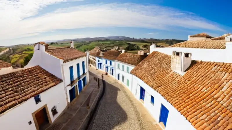 Un día soleado ilumina el casco histórico de Aracena con sus calles empedradas y edificios de piedra labrada que se fusionan armoniosamente con el paisaje circundante