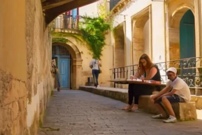 Un grupo de jóvenes pasan una tranquila tarde en la plaza del casco antiguo de Aracena