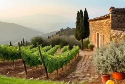 Un paisaje rural sereno con colinas ondulantes y olivares