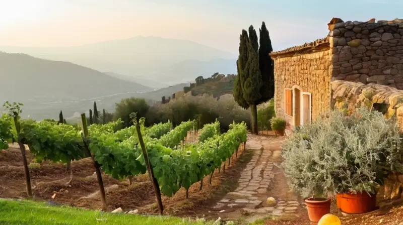 Un paisaje rural sereno con colinas ondulantes y olivares