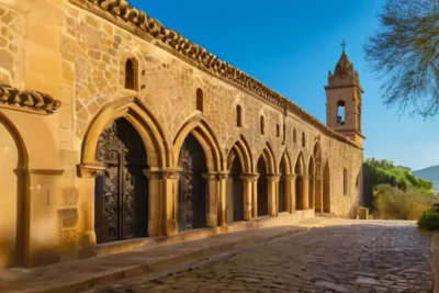 Una escena medieval española al amanecer con tonos dorados en los muros de piedra y árboles de olivo extendiéndose hacia el cielo azul