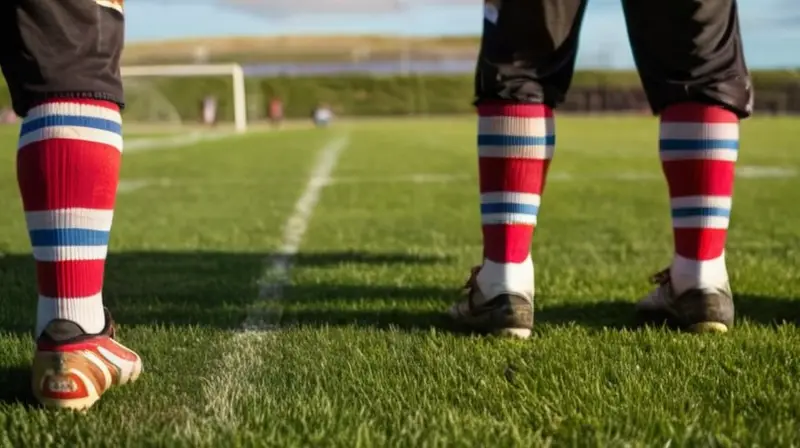 Un campo de rugby con hierba verde cuidadosamente arreglada y equipos jóvenes reunidos en momentos amistosos