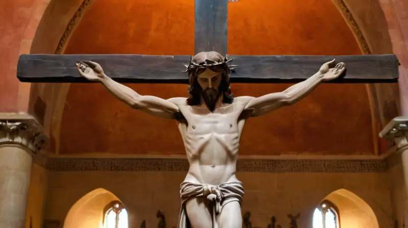 Una estatua de Cristo crucificado yacente se alza en el altar de una iglesia antigua rodeada de sencillas bancas bajo una bóveda majestuosa iluminada por rayos de luz que bañan la poca ornamentación presente