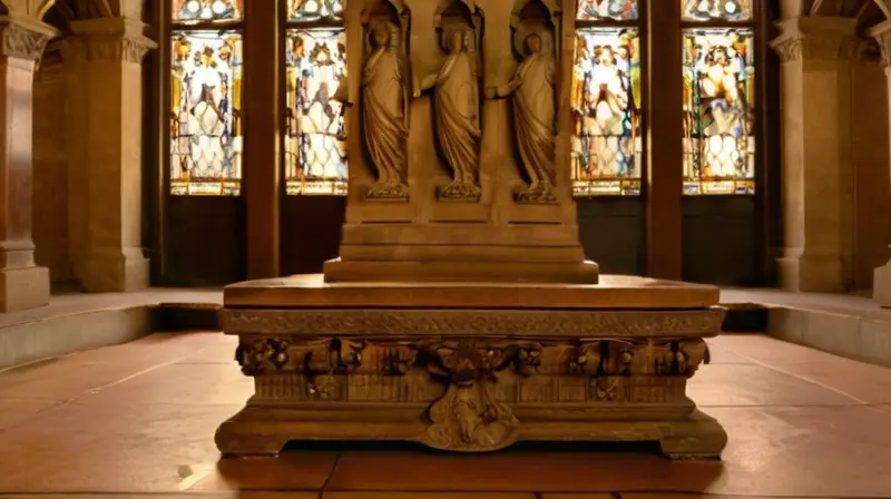 En el antiguo templo, una figura de Cristo venerada se sienta en un pedestal de piedra labrado con detalles barrocos