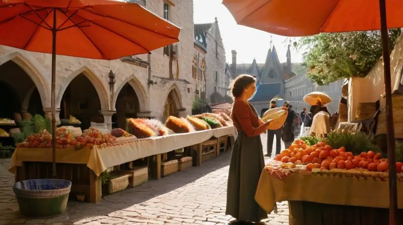 La escena describe un mercado medievales animado con detalles arquitectónicos imponentes y elementos artísticos que sumergen al espectador en un ambiente de tranquilidad y actividad comercial auténtica