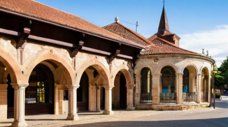 Un autobús se detiene en el centro de un pueblo con arquitectura antigua, rodeado por piedra y edificios coloniales con detalles ornamentales