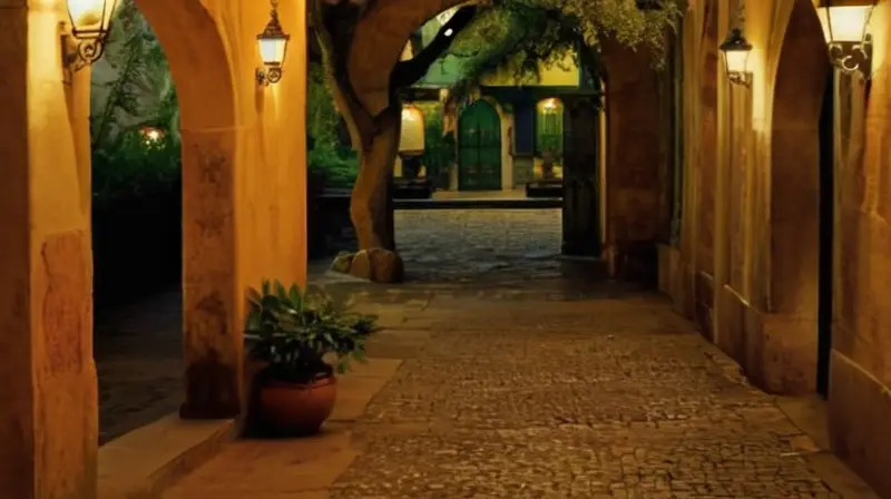 La escena es un pueblo rural en las últimas luces del día, con una luz dorada y largas sombras, contrastando con los edificios de piedra y detalles artesanales