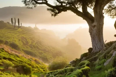 El paisaje andaluz está caracterizado por colinas olivareras y terrazas con plantas de tierra baja rodeadas de un antiguo caserío rústico