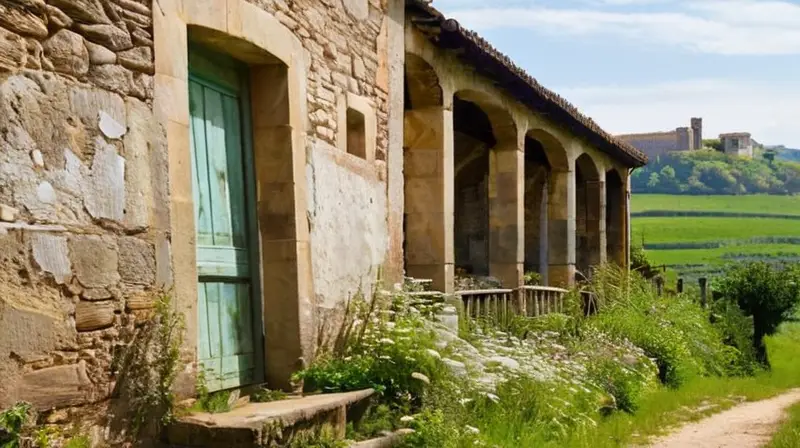 El paisaje es un valle rodeado de colinas emplumeadas con antiguos edificios en ruina que se mezclan con la naturaleza
