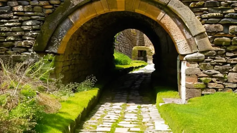 Un niño contempla la arquitectura del puente romano con detalles como piedras erosionadas y crecimientos de musgo