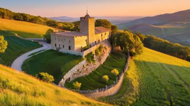 El castillo medieval se alza majestuosamente en una colina, rodeado de un paisaje pintoresco y natural con tonos suaves de oro y verdes