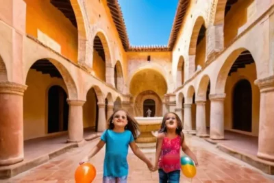 Una fotografía del patio de un museo muestra a niños jugando alrededor de una fuente monumental en un entorno arquitectónico español con columnas y tejados terracota